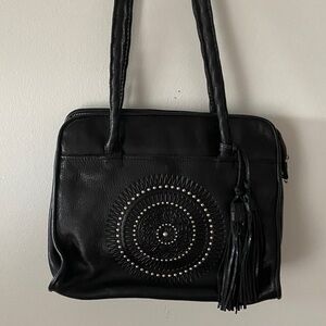 Patricia Nash Black Leather Shoulder Bag with Embellished Medallion